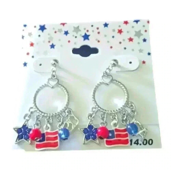 Red white and blue Fourth of July silver dangle earrings - Picture 1 of 1